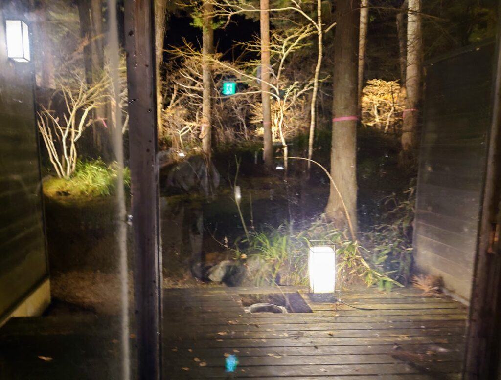 積善館の温泉　貸切風呂「善」　窓から見える庭がライトアップされている